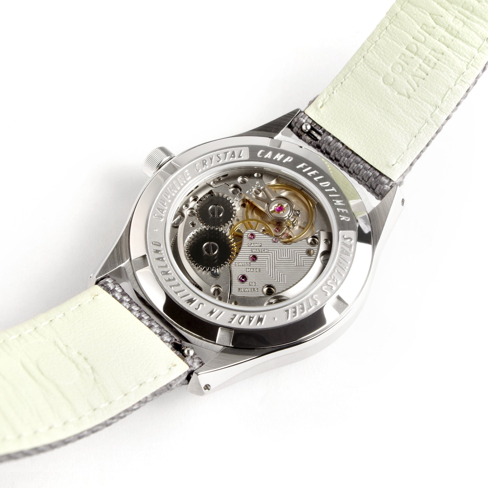 Back view of Swiss Made mechanical watch with 39mm light green enamel lacquer dial for men and women designed by Camp Watches in Los Angeles.