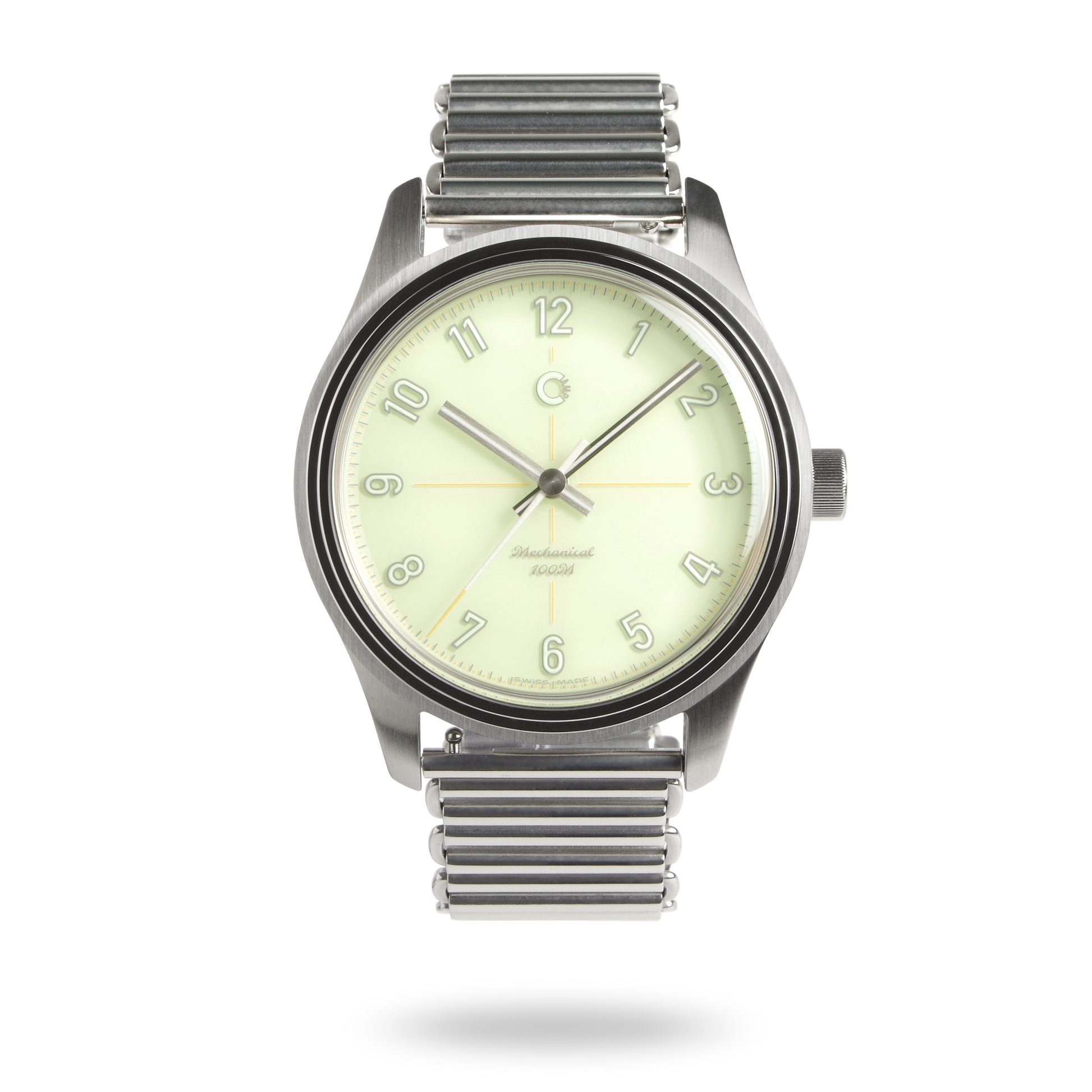 Swiss Made mechanical watch with 39mm light green enamel lacquer dial for men and women designed by Camp Watches in Los Angeles.