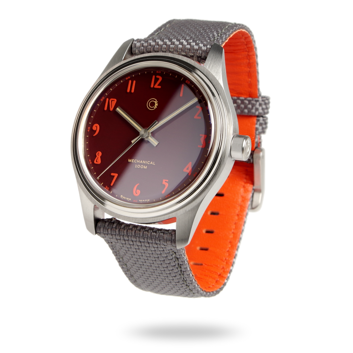 Swiss Made mechanical watch with 39mm deep red enamel lacquer dial and color matching strap for men and women designed by Camp Watches in Los Angeles.