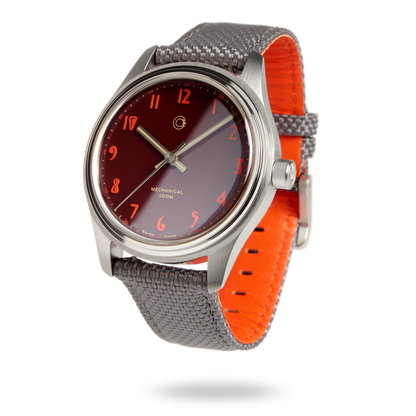 Swiss Made mechanical watch with 39mm deep red enamel lacquer dial and color matching strap for men and women designed by Camp Watches in Los Angeles.