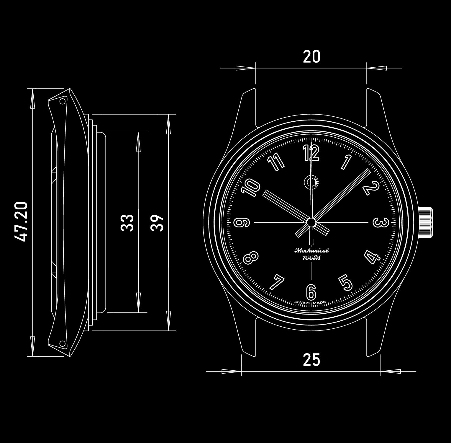 Technical blueprint drawing of  Camp Fieldtimer mechanical luxury Swiss Made vintage inspired dress field watch for men and women with colorful lacquer enamel dial designed in Los Angeles, California
