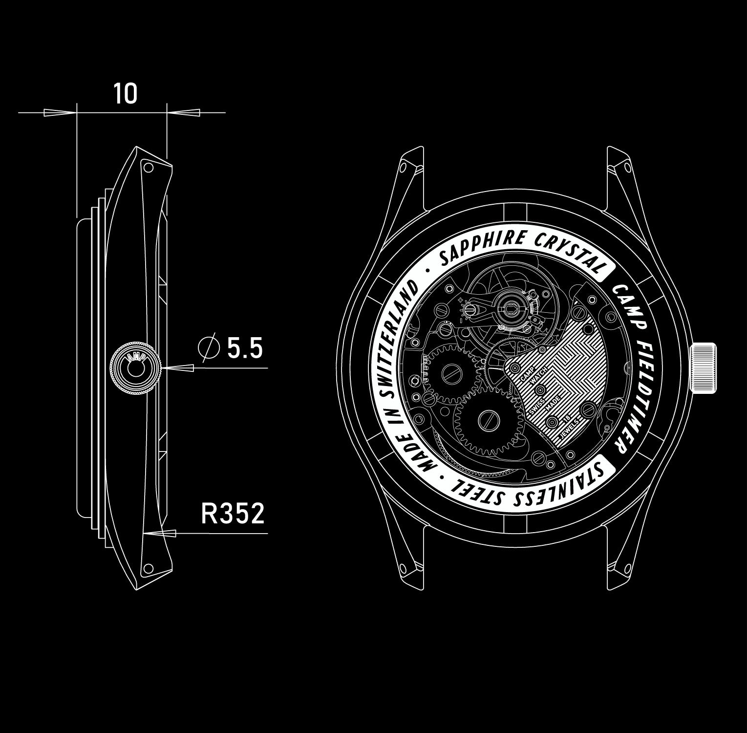 Technical blueprint drawing Camp Fieldtimer mechanical luxury Swiss Made vintage inspired dress field watch for men and women with colorful lacquer enamel dial designed in Los Angeles, California