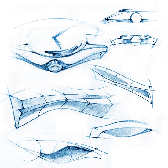 Industrial design hand pencil sketches for the Camp Fieldtimer mechanical luxury Swiss Made vintage inspired dress field watch for men and women with colorful lacquer enamel dial designed in Los Angeles, California