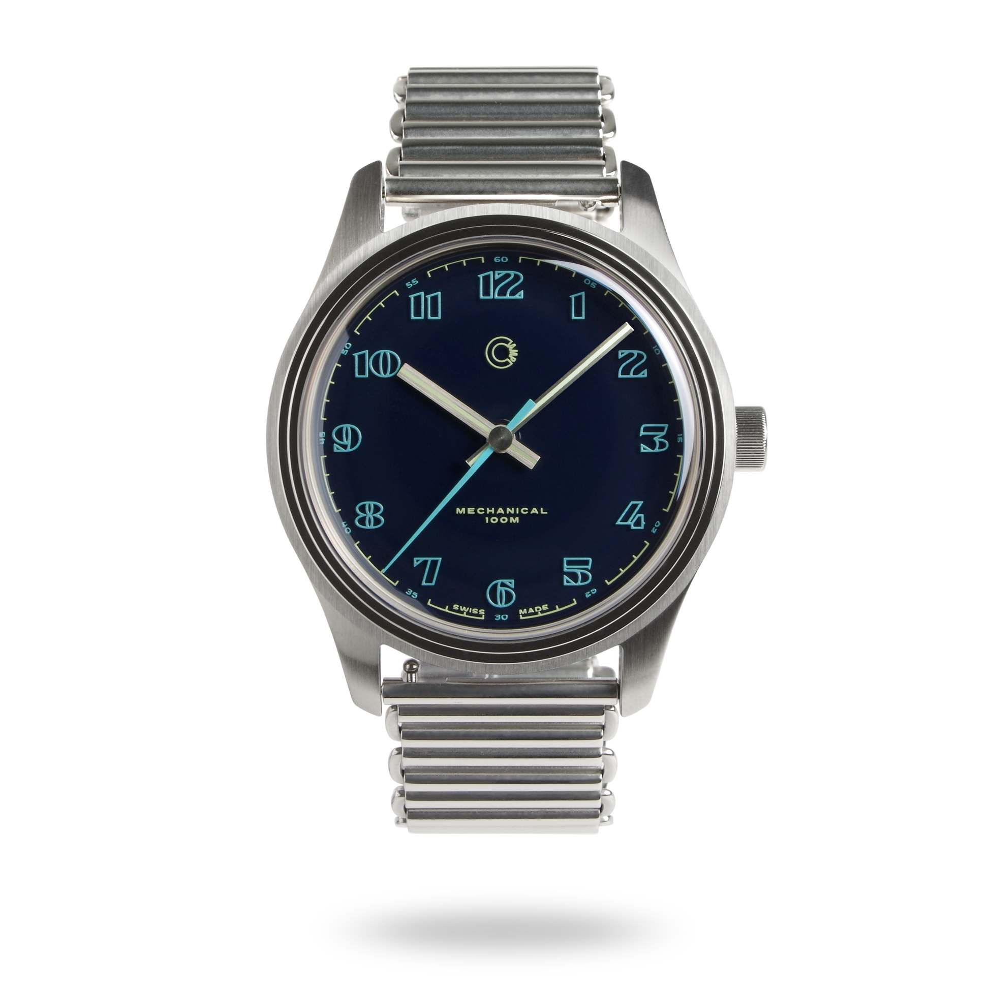 Swiss Made mechanical watch with 39mm blue enamel lacquer dial for men and women designed by Camp Watches in Los Angeles.