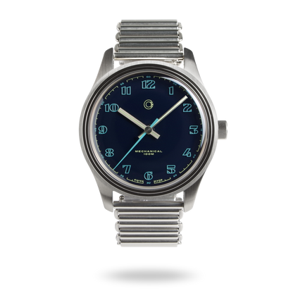 Swiss Made mechanical watch with 39mm blue enamel lacquer dial for men and women designed by Camp Watches in Los Angeles.