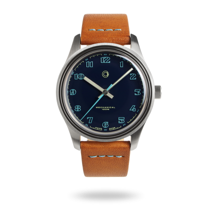 Swiss Made mechanical watch with 39mm blue enamel lacquer dial for men and women designed by Camp Watches in Los Angeles.