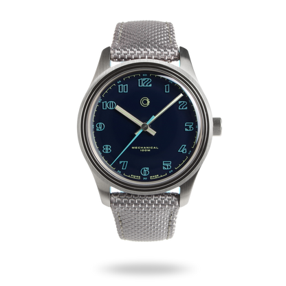 Swiss Made mechanical watch with 39mm blue enamel lacquer dial for men and women designed by Camp Watches in Los Angeles.