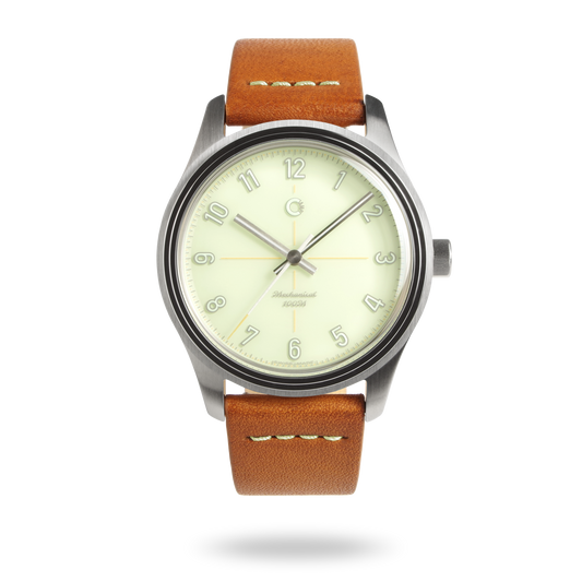 Swiss Made mechanical watch with 39mm light green enamel lacquer dial for men and women designed by Camp Watches in Los Angeles.