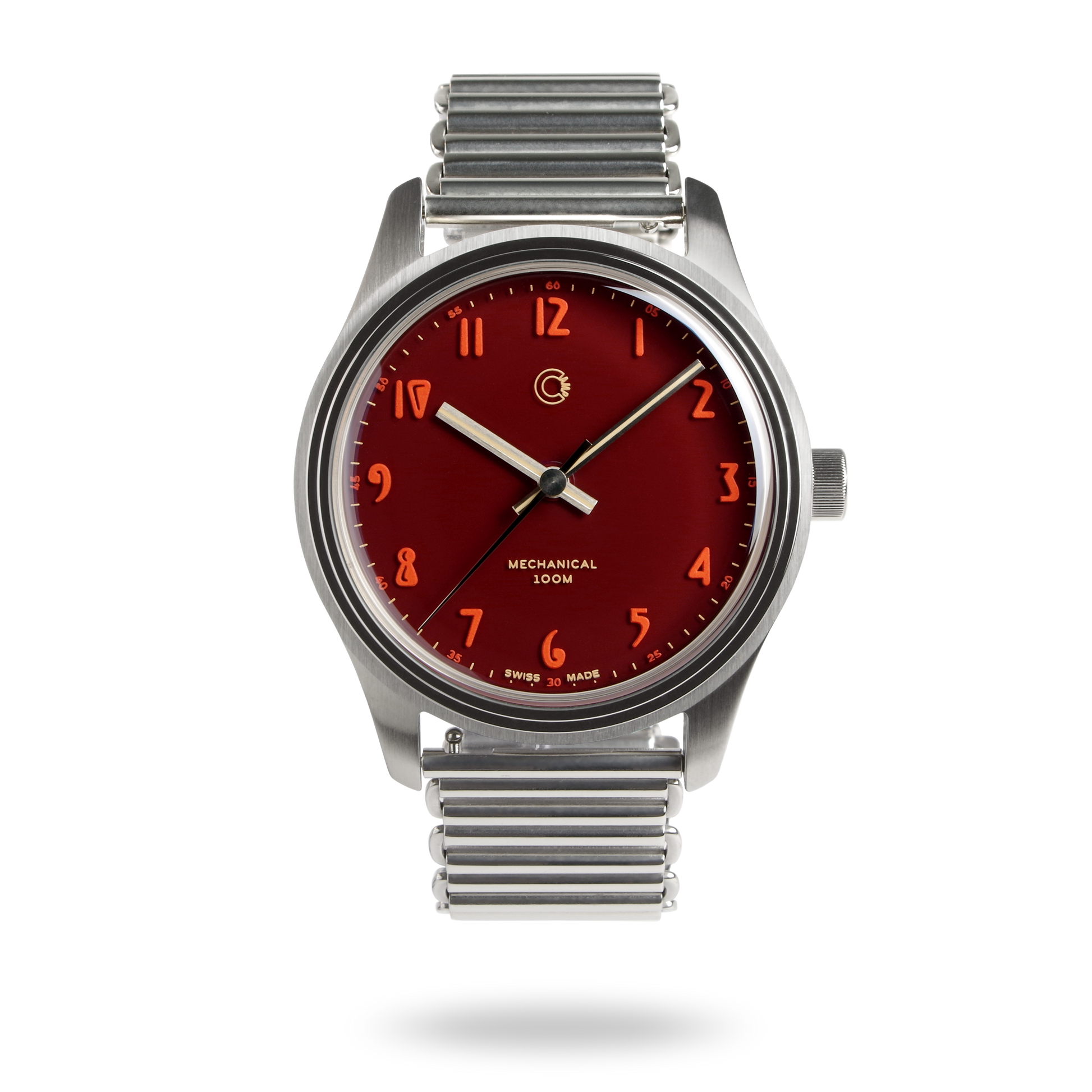 Swiss Made mechanical watch with 39mm deep red enamel lacquer dial for men and women designed by Camp Watches in Los Angeles.