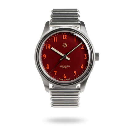 Swiss Made mechanical watch with 39mm deep red enamel lacquer dial for men and women designed by Camp Watches in Los Angeles.