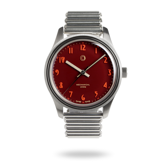 Swiss Made mechanical watch with 39mm deep red enamel lacquer dial for men and women designed by Camp Watches in Los Angeles.