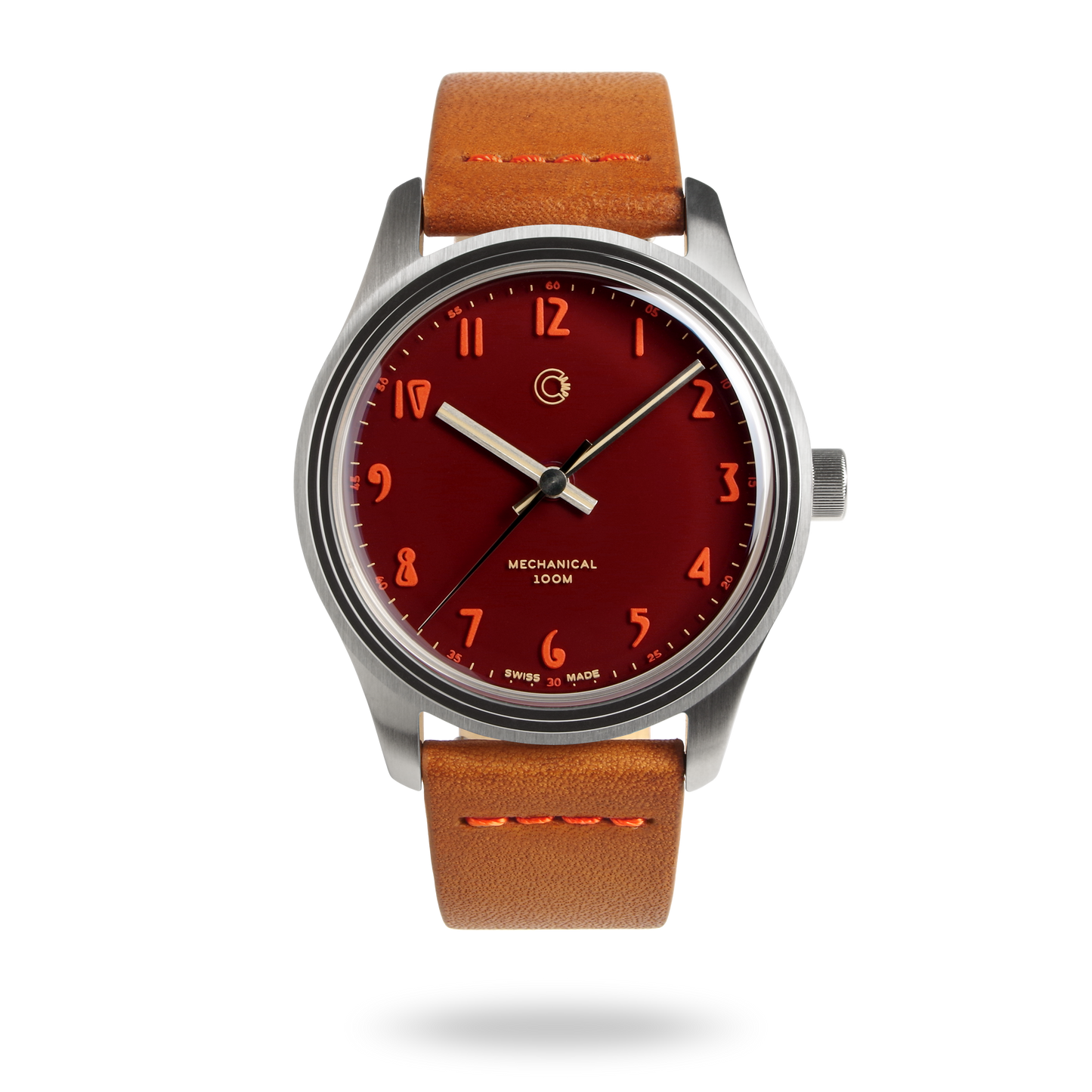 Swiss Made mechanical watch with 39mm deep red enamel lacquer dial for men and women designed by Camp Watches in Los Angeles.