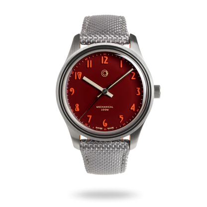 Swiss Made mechanical watch with 39mm deep red enamel lacquer dial for men and women designed by Camp Watches in Los Angeles.