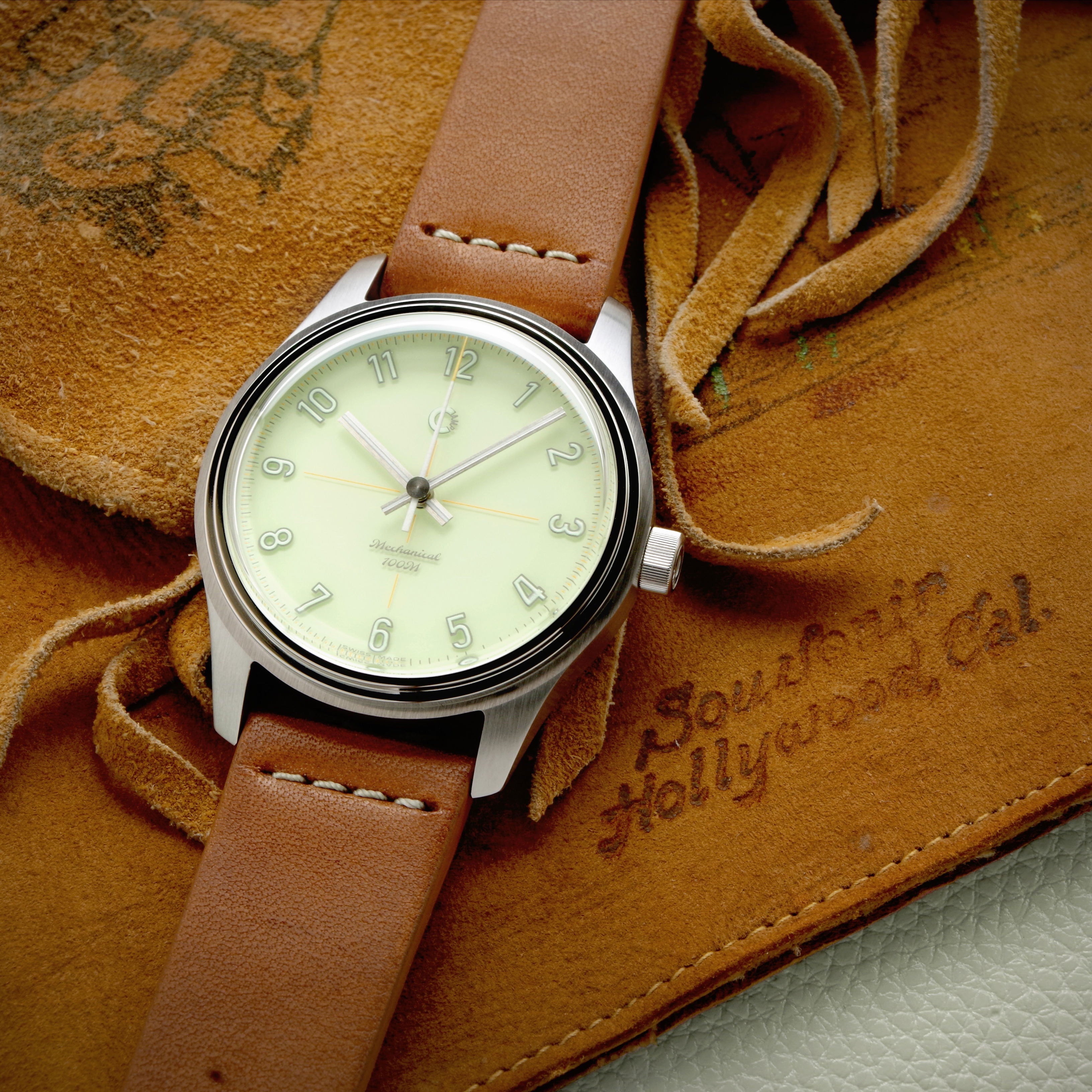 Image of green Camp Fieldtimer mechanical luxury Swiss Made vintage inspired dress field watch for men and women with colorful lacquer enamel dial and Italian leather strap designed in Los Angeles, California